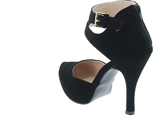 Qupid Trench-244 Women's Round Toe High Heel Zip Closure Buckle Ankle Straps Nubuck Shoes,Black,6.53