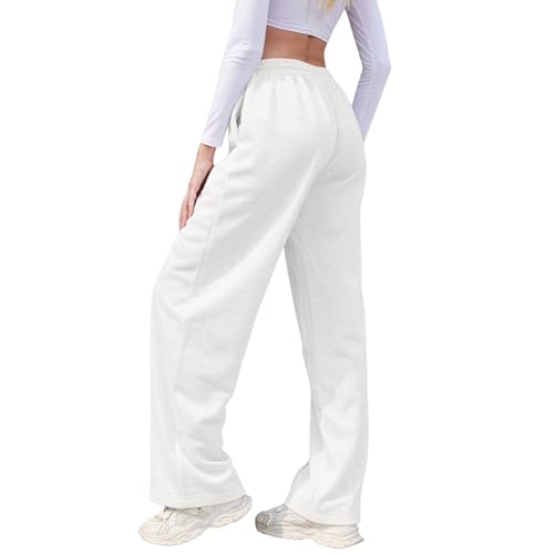 TBA Women\'s Wide Leg Sweatpants Drawstring Baggy Sweat Pant High Waisted Casual Trousers Fashion Jogger Pants with Pockets White