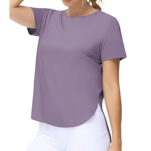 THE GYM PEOPLE Women's Workout T-Shirts Loose Fit Short Sleeve Cotton Running Basic Tee Tops with Split Hem Medium Grey Purple