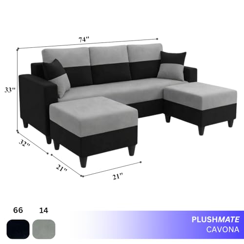 Image of Cavo 5 Seater L Shape Sofa Set with 2 Movable Ottomans | Flexible Layout | Luxury Velvet Suede Fabric | Modern Living Room Sofa | Black-Light Grey