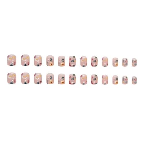 Image of Flower Press on Nails Short Square Fake Nails Nude False Nails with Small Floral Designs Glossy Glue on Nails Acrylic Full Cover Stick on Nails Artificial Spring Nails for Women Manicure 24pcs