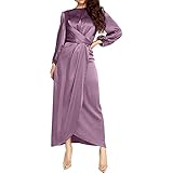 Women's Plain Satin Abaya Dress Round Collar Balloon Sleeve Wrap Waist Slit Maxi Dress Middle Eastern Muslim Gown (Purple, L)