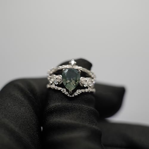 Natural Moss Agate Engagement Ring Set 925 Sterling Silver Rings for Her with Free Engraving Jewelry Gift for Women Moss Agate Vintage Ring Set-12