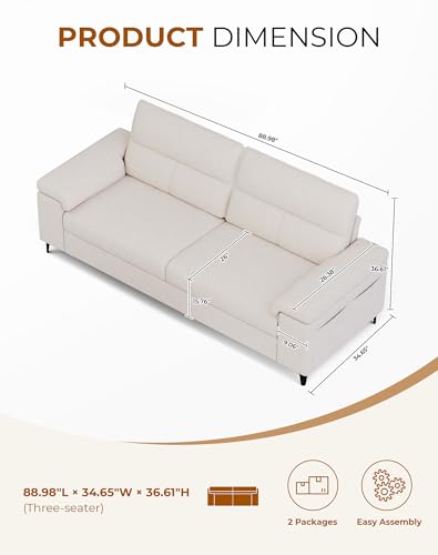 Image of 88.97 inch Modern Couches for Living Room, Deep Seat Sofa with 8 inchCushion, Comfy 2-Seater Chenille Loveseat Sofa with Convertible Armrest, Removable Sofa Cover, High Leg (Beige)