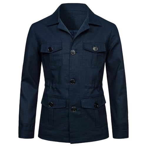 Mens Casual Linen Cargo Jackets Multi Pocket Utility Safari Jackets Lightweight Work Coats Button Down Overshirts