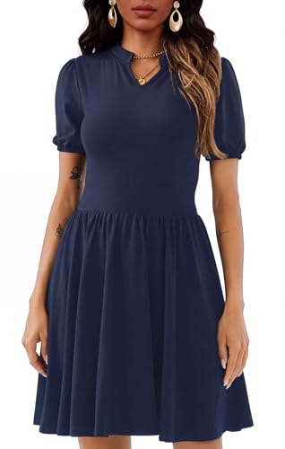 Image of Women's V Neck Summer Dress Puff Short Sleeve Flowy Stretchy Flowy Comfort Fit for Daily Wear Work Midi Casual Dresses
