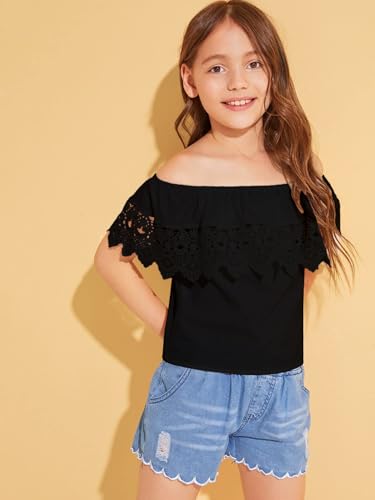 Image of WDIRARA Girl's Folklorico Shirt Off Shoulder Ruffle Trim Lace Blouse Tops | Short Sleeve, Mexican Blouse, Dressy Peasant Tee, Casual