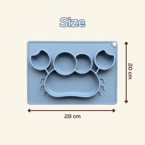 Image of Silicone Baby Meal Plate Set with Spoon & Fork | Crab Shaped | Blueberry Colour | 5 Section Divided Plate for Toddlers | Food Grade Kids Feeding Set | Microwave Dishwasher Safe