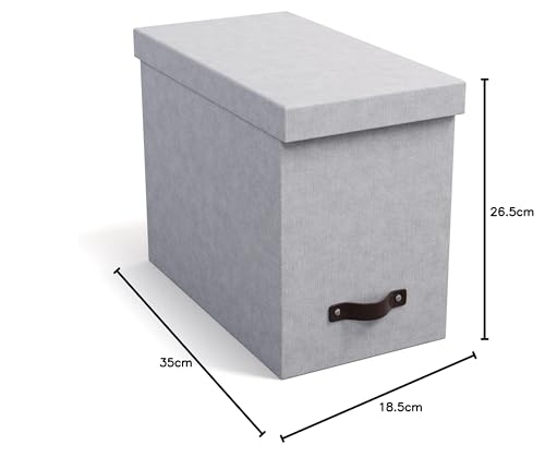 Bigso Box of Sweden JOHAN Pudełko z pokrywką – stylowe pudełko archiwalne z 8 zawieszanymi skoroszytami – pudełko na teczki wiszące z płyty pilśniowej i papieru o stylowym wyglądzie lnu – jasnoszare