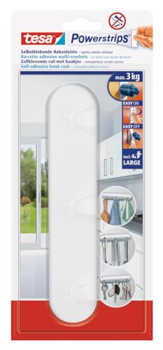 tesa Powerstrips Hakenleiste, weiß - selbstklebender 3er-Haken für Küche und Bad, Kunststoff - Haken-Leiste für Handtücher sowie Bad- und Küchenutensilien - belastbar bis 3 kg tesa Powerstrips Hakenleiste, weiß - selbstklebender 3er-Haken für Küche und Bad, Kunststoff - Haken-Leiste für Handtücher sowie Bad- und Küchenutensilien - belastbar bis 3 kg