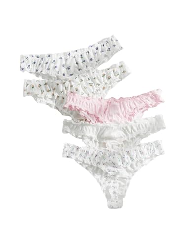 Image of GORGLITTER Women's 5pack Cute Panties Floral Print Low Rise Frilly Panties | Low Waist Underwear Set, Bow Lettuce Trim, Coquette Clothes