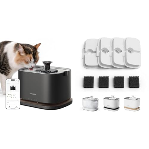 Image of Bundle of PETLIBRO Cat Water Fountain Stainless Steel Tray, Cordless Cat Fountain Battery Operated, 3L /101oz Pet Water Fountain App Monitoring + PETLIBRO 4 Packs Replacement Filters