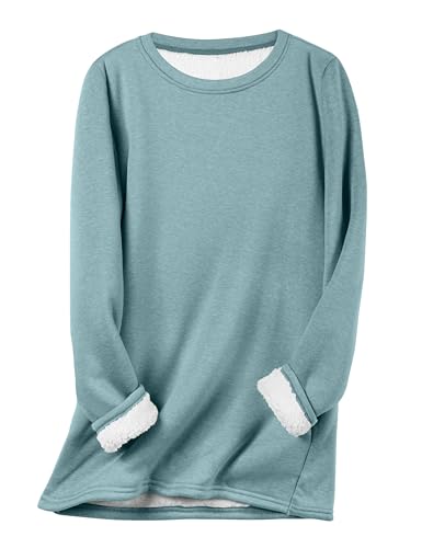 Flygo Women's Winter Warm Sherpa Lined Fleece Crewneck Sweatshirt Pullover Loungewear Tunic Tops(BeanGreen-L)