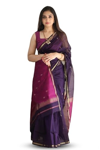 Image of Flosive inchWomen's Deep Purple Banarasi Jacquard Cotton Saree with Intricate Zari Work, Designer Pallu & Unstitched Blouse Piece inch