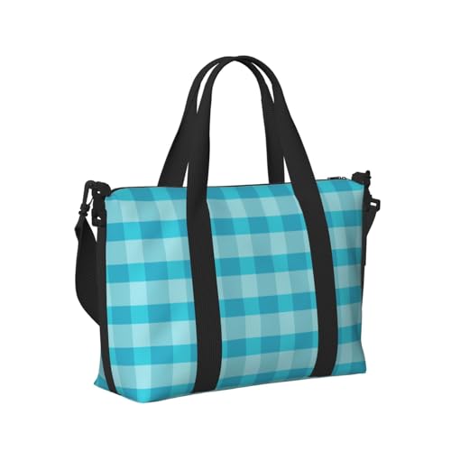 Laptop Tote Bag for Women Work - Aqua Blue Gingham Print Weekender Overnight Bags for Women Travel, Gym Duffle Bag for Men, Personal Item Crossbody Travel Bags for Men Carry On