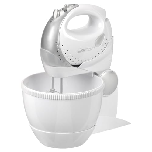 Clatronic Handrührer | Handmixer | 2in1 Mixstab und Edelstahlquirle | Rührschüssel inkl. Halterung | 250 Watt | 5 Geschwindigkeitsstufen | spülmaschinenfest | rotierende Rührschüssel | HMS 2739 weiß