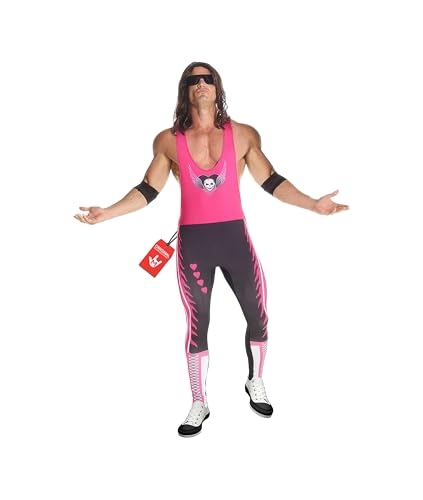 Morphsuits Disfraz WWE Bret Hart Hitman Hombre Lucha Libre Mono Rosa Sin Mangas Cintas Brazos Gafas Sol Peluca Talla L