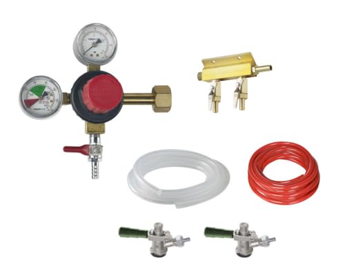 FSE 373-KR-BEERKIT2 Draft Beer Kit, 2-Faucet CO2 Beer Kit for Direct Draw Cooler, Primary CO2 Regulator, Includes 2-Way Manifold, Red Vinyl Air Line, Accuflex Tubing, and (2) Sankey D Keg Taps