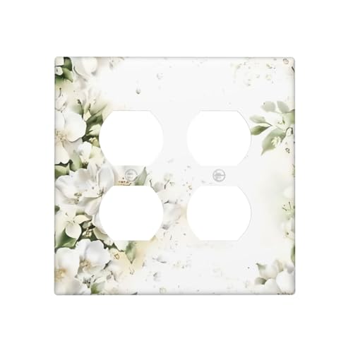 Decorative Outlet Covers Rustic Ink Green Leaves White Florals Flower 2 Gang Outlet Cover Wall Plate Double Duplex Light Switch Cover Plate Switch Plate Covers for Bedroom Home Decor
