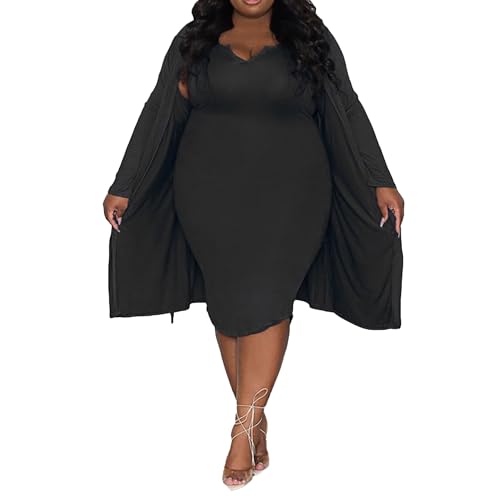 Robe deux pièces à col V profond pour femmes XL en noir élégant