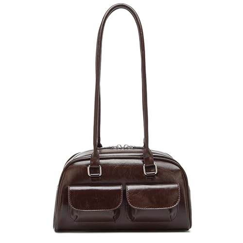 Image of Fozehlad Y2K Shoulder Bag for Women Retro PU Leather Tote Handbag Multi-Pocket Hobo Bag with Zipper for Gifts