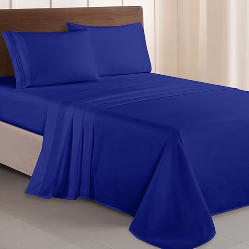 Image of Elegant Comfort Luxurious 1500 Premium Hotel Quality Microfiber Three Line Embroidered Softest 4-Piece Bed Sheet Set, Wrinkle and Fade Resistant, Full, Royal Blue