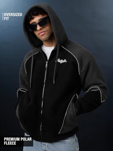 Image of The Souled Store Batman: Dark Knight Men and Boys Long Sleeves Hooded Neck Black and Grey Embroidered Cotton Blend Oversized Hoodies