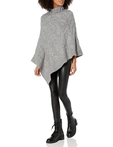 Cable Stitch Women's Mock Neck Cable Poncho - Solid Color Oversized Sweater Knit Cape Cover-up Top (Large/X-Large, Heather Grey)