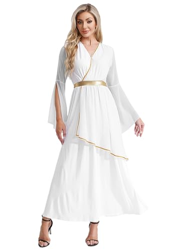 Xnihocha Disfraz romano para mujer, vestido de diosa griega antigua, manga larga, vestido de princesa griega, disfraz de carnaval, Halloween, fiesta, S-3XL, blanco, M
