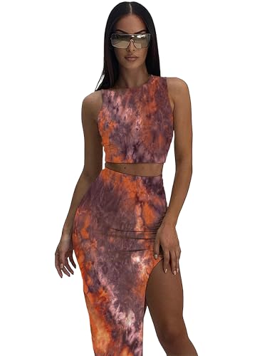 Image of ELLEVEN Sexy 2 Piece Maxi Skirt Sets for Women, Going Out Outfits | High Stretch, Lightweight, Slim Fit, Sleeveless Knit Crop Tank Top, High Slit Skirt Dress Set, Summer Date Night Outfits