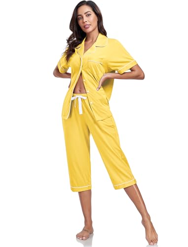 Image of COLORFULLEAF 100% Cotton Capri Pajama for Women Set Summer Short Sleeve Pj Sets for Women Cotton Sleepwear