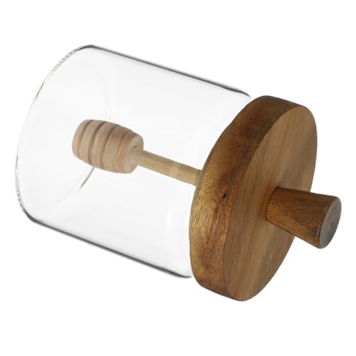 CONGARTENO Honey Pot Honey Jar Honey Dispenser Syrup Jar Honey Dipper Syrup Dispenser Tea Container Honey Storage Container Glass Jar Small Honey Container Jars with Lids Wood Transparent