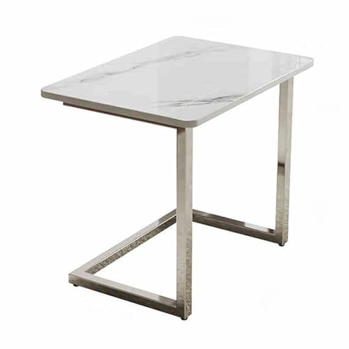Small Side Table for Small Spaces Rock Board Rounded Corner Anticollision Design Bed Tray Stainless Steel Sofa Tables for Living Room Bedroom(White,60 * 40 * 55cm)