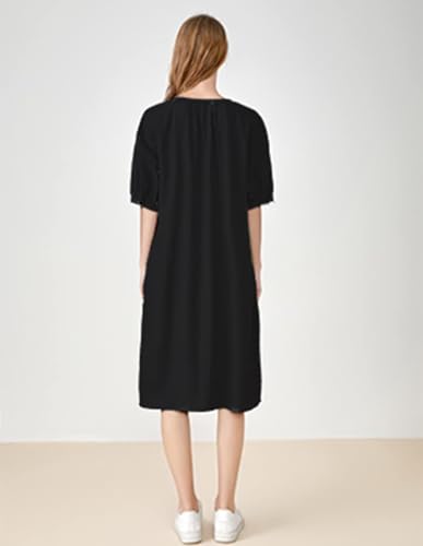 Minibee Women's Cotton Linen Dress Short Sleeve Midi Casual Plus Size Tunic Dress with Pockets