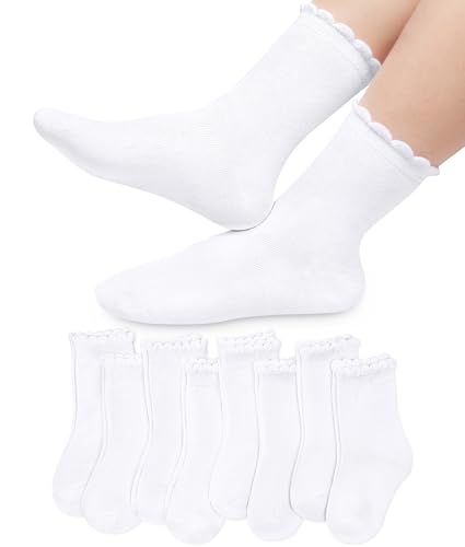 Justay 8 Pairs Girls White Ruffle Socks School Dress Kids Cotton Cute Crew Frilly Socks for Girls 3-12 Years