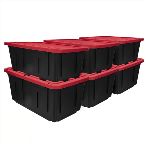 Image of Storage Bins 27 Gal Stackable with Lids 6 Pack for Garage Basement | Stackable with Lockable Lid Option - Secure stacking design with tie-down holes for zip-ties or padlocks.