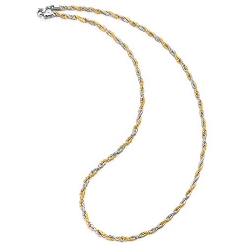 COOLSTEELANDBEYOND Mens Womens Stainless Steel Rope Chain Necklace, Silver Gold Two-tone, 24 inches