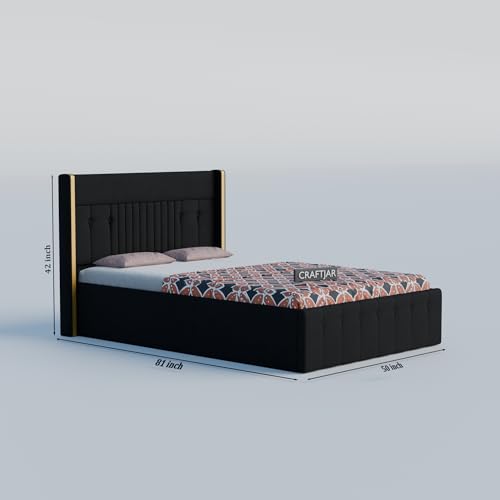 Image of Solid Wood Upholstered Single Bed for Bedroom with Storage | Premium Fabric with Button Tufted Headboard | Wooden Single Cot /Palang for Home | Modern Single Bed | Black