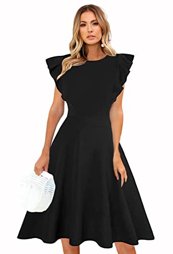 Image of ECOWISH Womens Dresses Elegant Wedding Cocktail Ruffle Cap Sleeves Summer A-Line Midi Dress