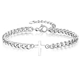 Cross Chain Bracelets for Men Women, Silver/Black Stainless Steel Cross Charms Men's Bracelet, Faith Religious Easter Catholic Christian God Jesus Communion Baptism Jewelry Gift Mens Link Bracelet