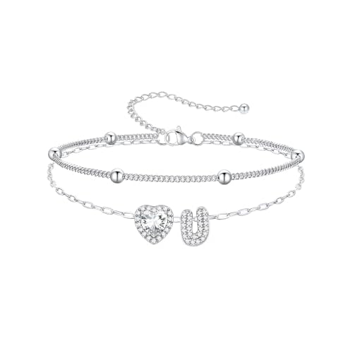 PROSTEEL A-Z Initial Ankle Bracelets for Women Waterproof, Layered Chain Anklet Stainless Steel Summer Beach Anklets, Silver/Gold 8.5-10.5 Inch Adjust