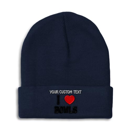 Custom Beanies for Men I (Love) Bowls Red Heart Sports Lovers Skull Cap Winter Hats Women Acrylic One Size Navy Personalized Text Here