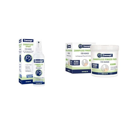 Canosept Zahnpflege Set: Zahnpflegespray für Hunde 100ml + Zahnpflege Finger-Pads für Hunde 50 Stück - Zahnsteinentferner, Zahnpflege, gegen Mundgeruch, Zahnreinigung