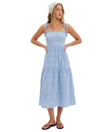Image of Women Floral Embroidered Maxi Dress Boho Sleeveless Tie Strap Shoulder Dresses Smocked Summer Sundress with Pockets