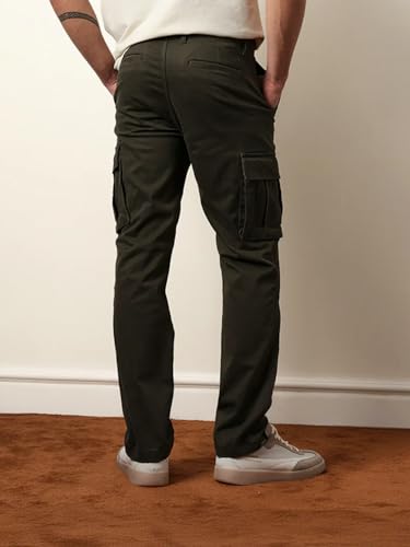 Image of Vogaan Men Solid Relaxed Fit Cotton Blend Cargo Trousers with Utility Pocket