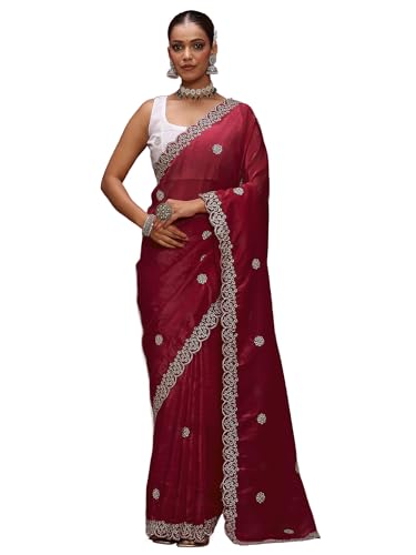 Image of AKHILAM Women's Tissue Embellished Saree With Unstitched Blouse Piece (RANI4701 RN Parent)
