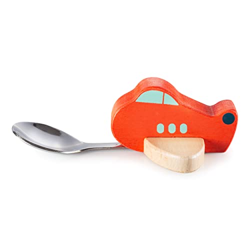 Donkey Products Cuillère pour enfants Knatter, Cuillère avion, acier inoxydable, bois, rouge