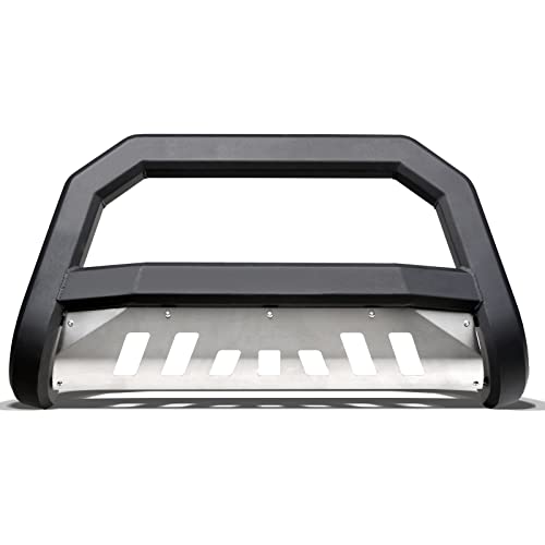 Matte Black AVT Style Bull Bar Brush Push Front Bumper Grill Grille Guard With Aluminum Skid Plate Compatible With 07-21 Toyota Tundra