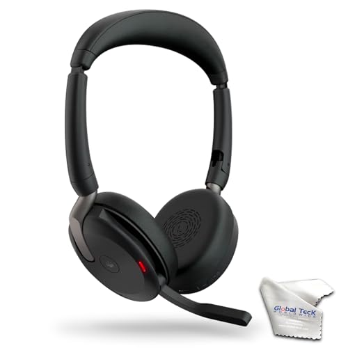 Jabra Evolve2 65 Flex MS Stereo Bluetooth Noise Cancelling Headset (Link380a) Compatible with Mac PC,Smartphones and Tablets - with GTW Microfiber Cloth and Global Teck Gold Support Plan