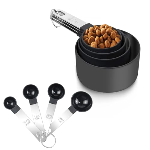 Qcdou 8 Piece Measuring Cups and Spoons Set Cup Measurements Set with Stainless Steel Handle Measuring Spoons for Liquids and Solids Cooking Kitchen Baking Essentials (Black)